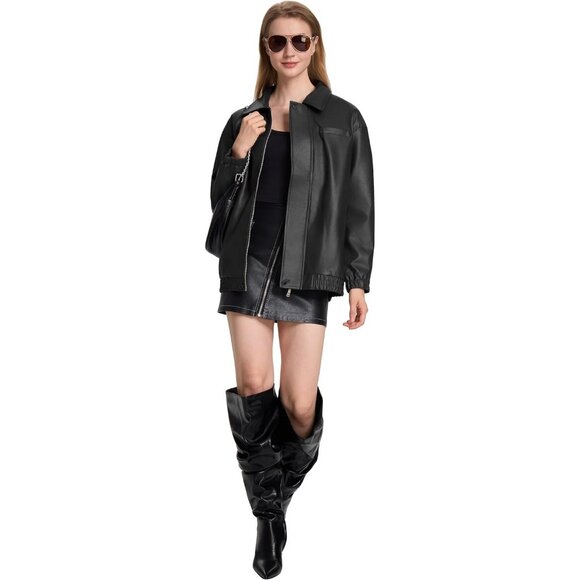 Women's Black Faux Leather Zip-Up Jacket with Elastic Cuffs and Collar - Picture 3 of 7